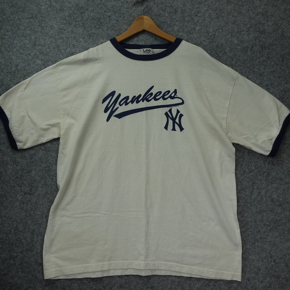 Vintage Y2K Yankees NY Script T Shirt Mens 2XL Cream MLB Navy Ringer Lee Sport